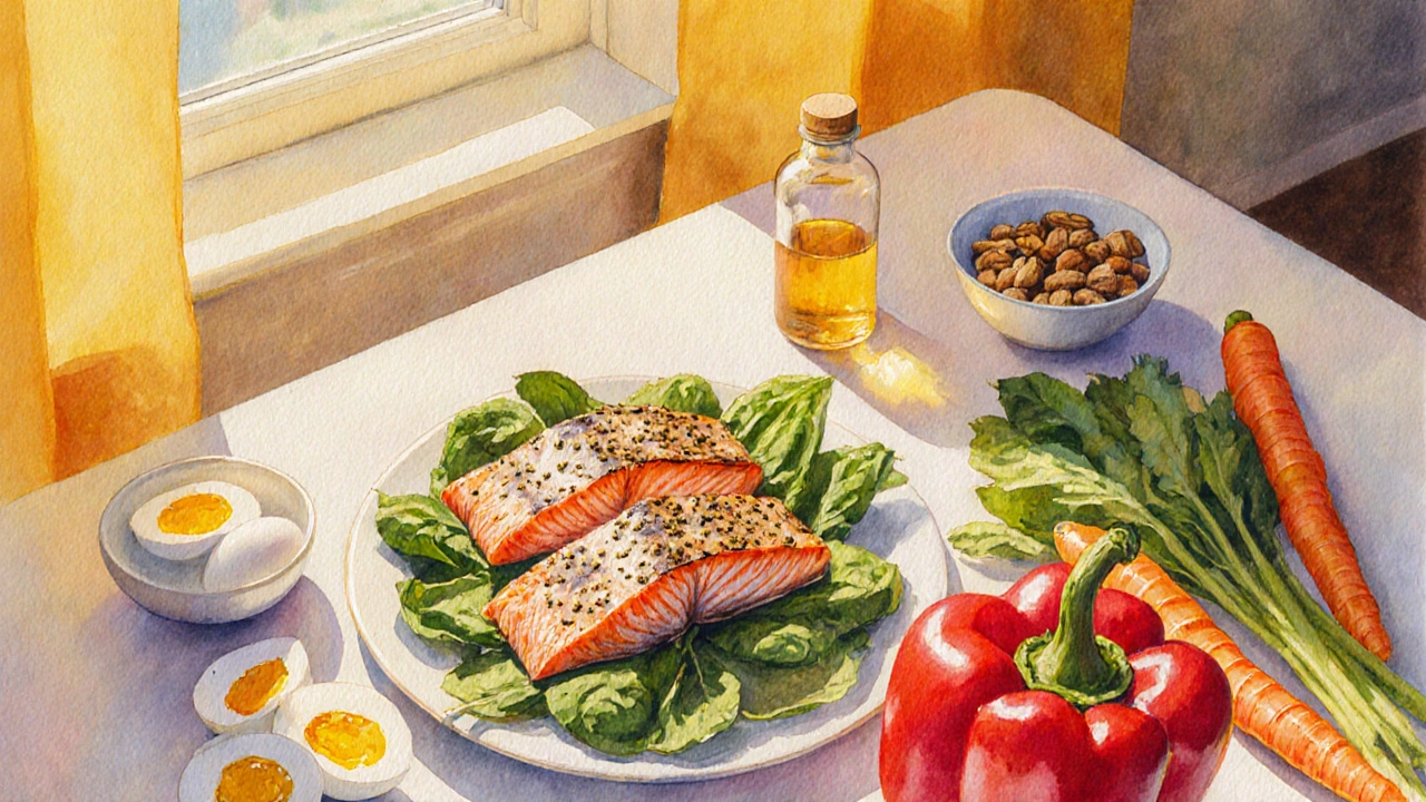 Barevný stůl s potravinami bohatými na vitamíny a doplňkem.