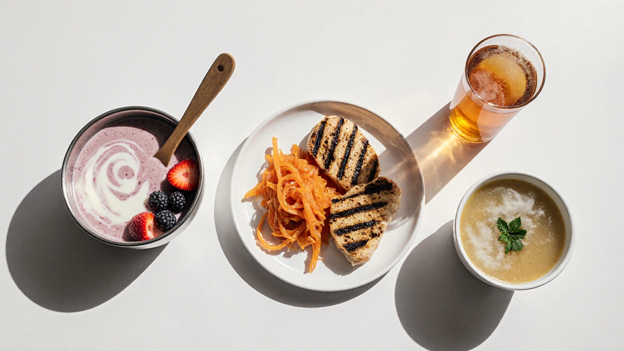 Denní rutina s probiotiky: smoothie s kefírem, kimchi k obědu a miso polévka s kombuchou k večeři.