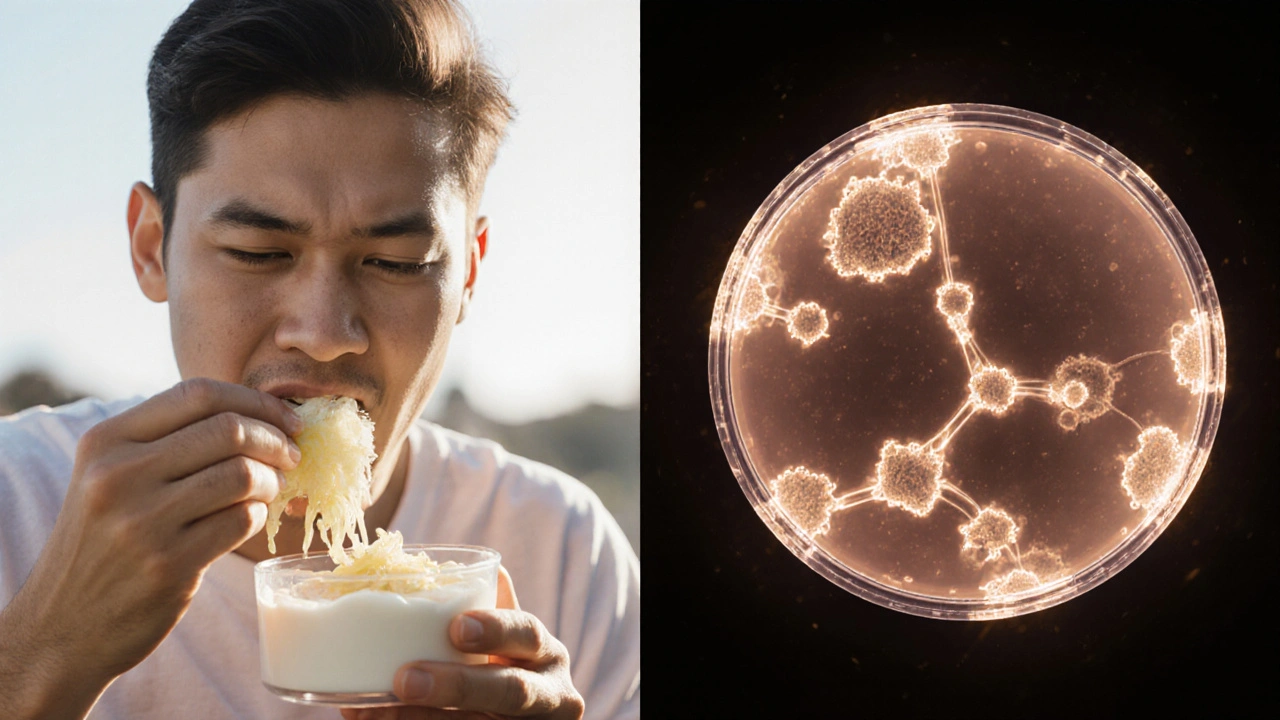 Dvě části obrázku: člověk jedl fermentované potraviny a mikroskopické bakterie v laboratorním petriho misku.