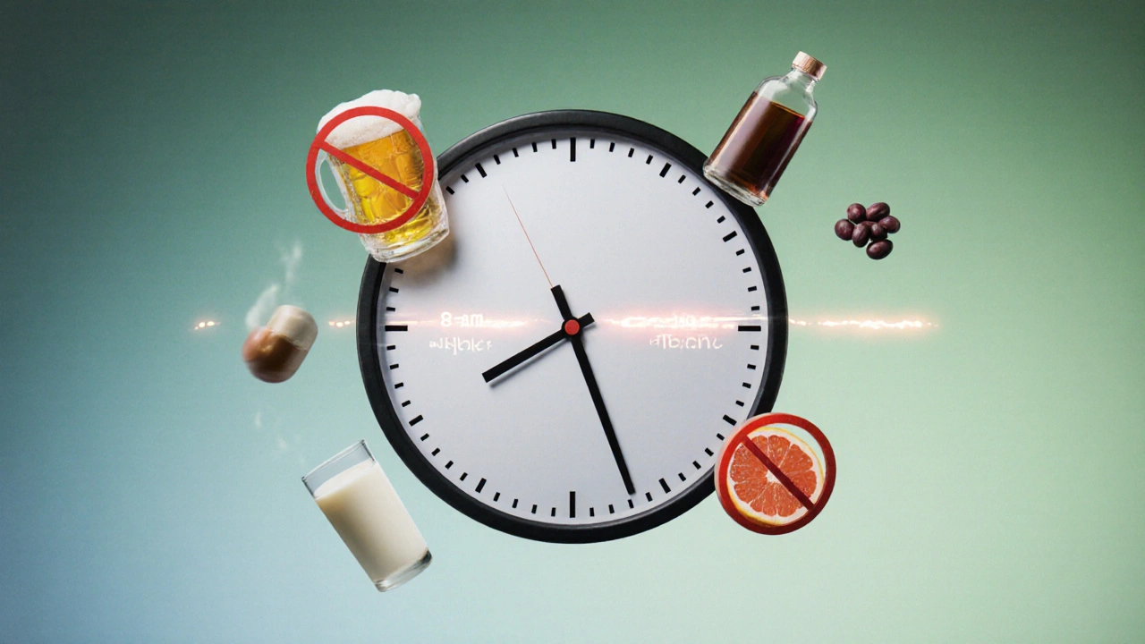 Hodiny ukazující dvouhodinovou mezera mezi antibiotikem a probiotikem, s vyhaslými zakázanými předměty kolem.