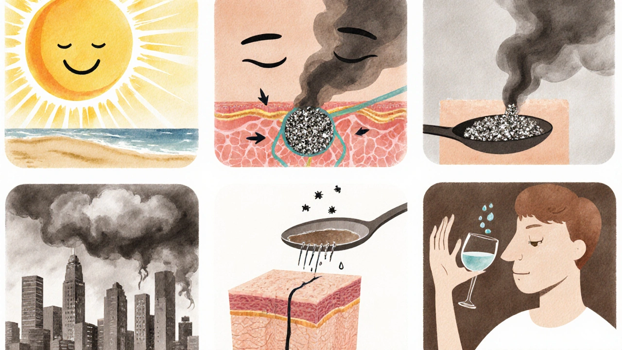 Ilustrace šesti faktorů nižících kolagen: UV, cukr, kouření, znečištění, stres, alkohol/káva.