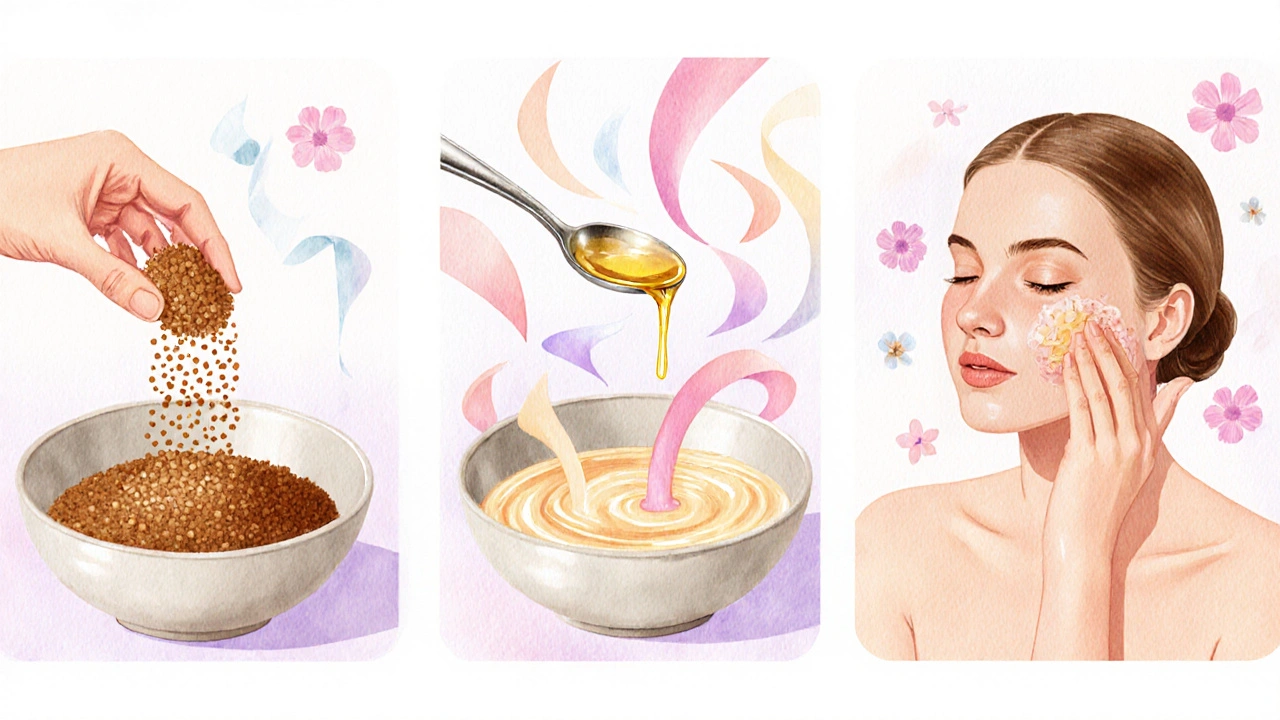 Ilustrace ukazující míchání a aplikaci cukrového peelingu na tvář.