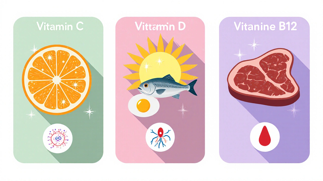 Ilustrace vitamínů C, D a B12 s jejich zdroji a funkcemi v pastelových barvách.