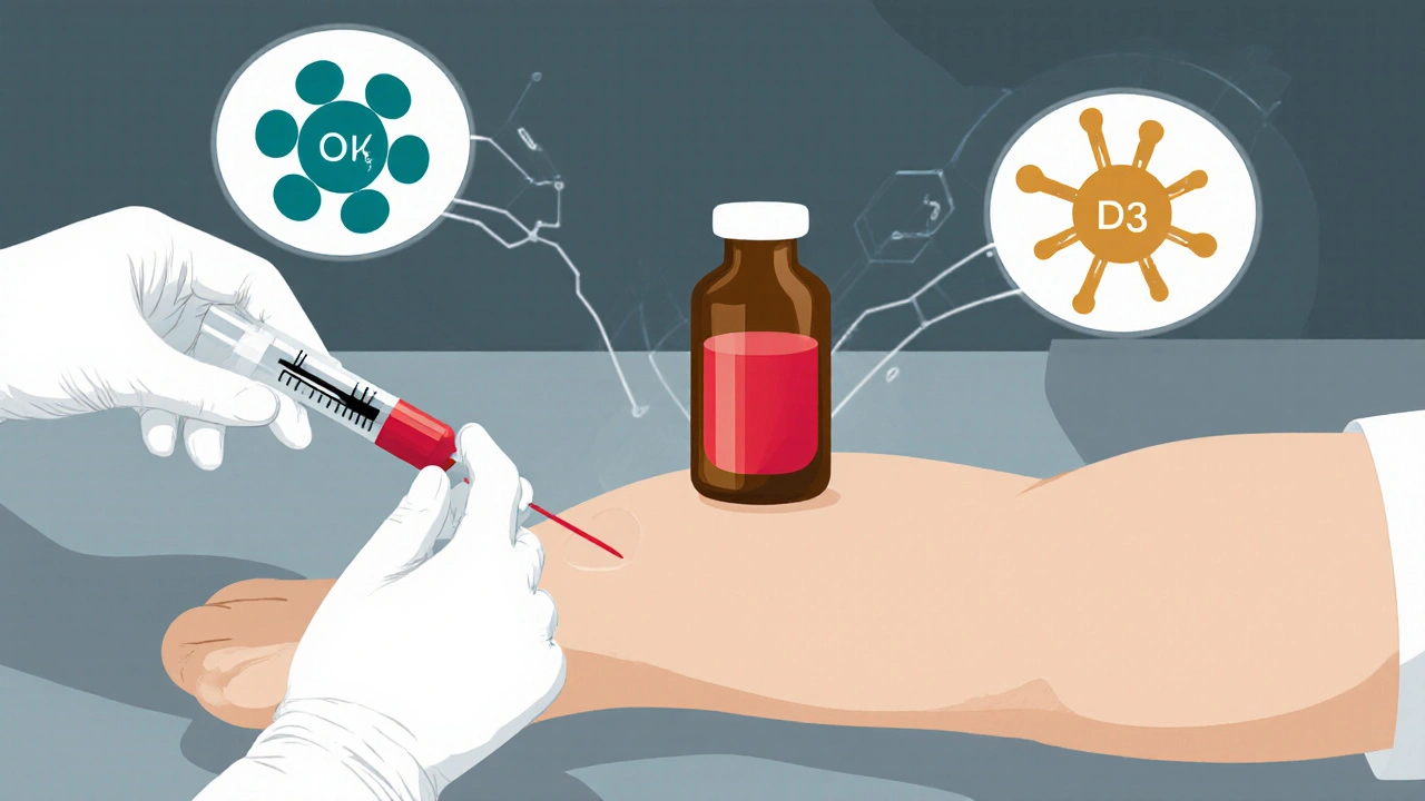 Laboratorní odběr krve s testovacími nádobami a molekulami vitamínů B12 a D.