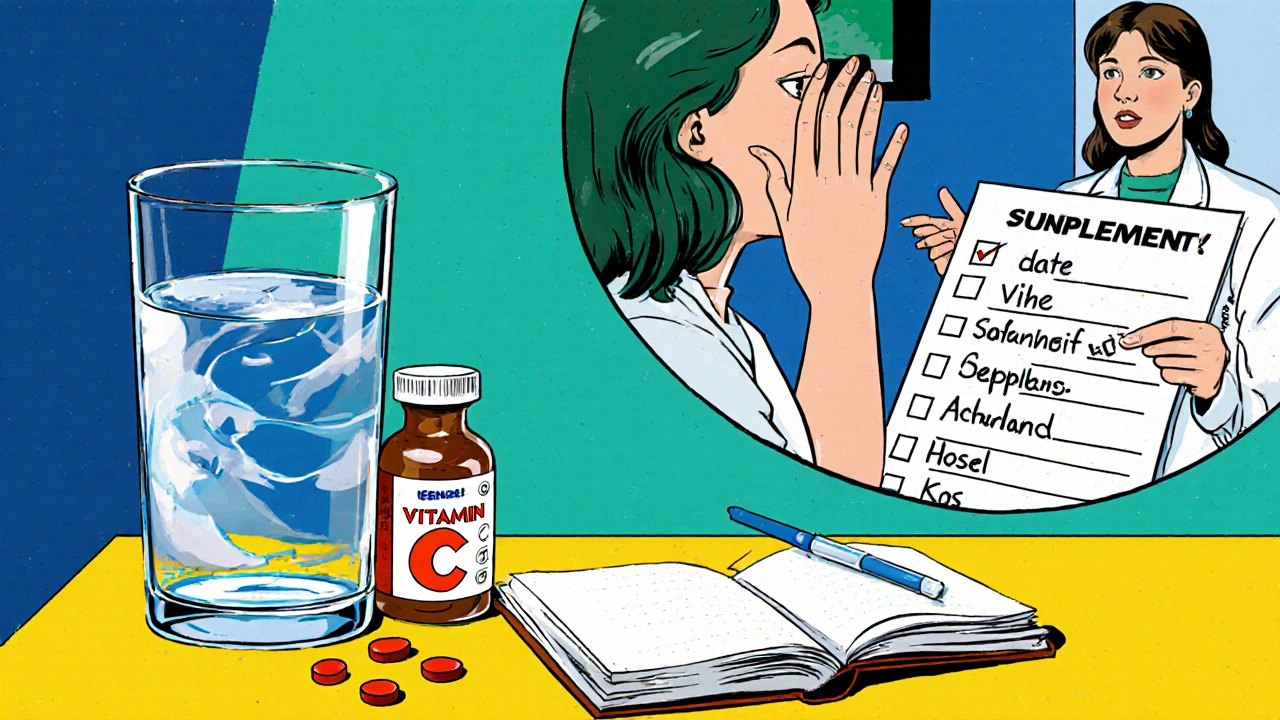 Osoba pije vodu, mluví s lékařem a drží doplněk vitamínu C.