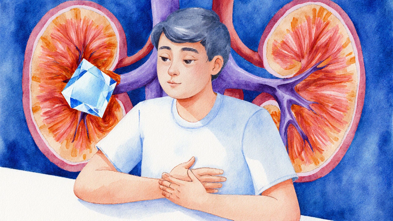 Postava s bolestí břicha a zobrazující se ledvinový kámen.