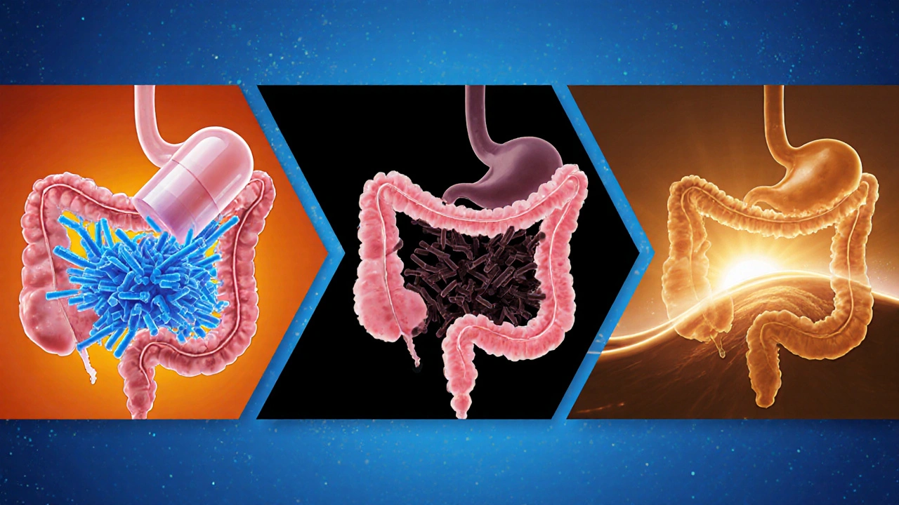 Postupná série ukazující kapsli rozpad, Lactobacillus, Bifidobacterium a Saccharomyces v různých částech trávicího traktu.
