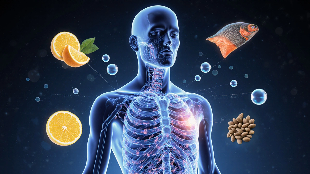 Přehled lidského těla s viditelnými kolagenovými vlákny a živinami jako citrony, losos a semínka dýně.