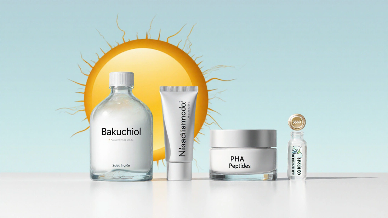 Přehled šetrných kosmetických produktů – bakuchiol, niacinamid, PHA a peptidy – s ochranným sluncem.