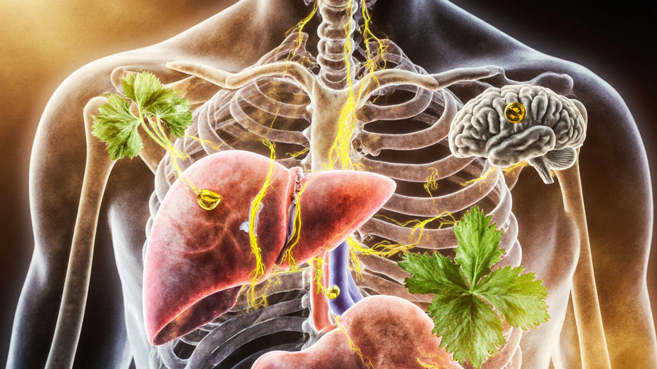 Průřez lidského těla s těžkými kovy v játrech, mozku a kostech, které přirozené látky vážou a odvádějí.