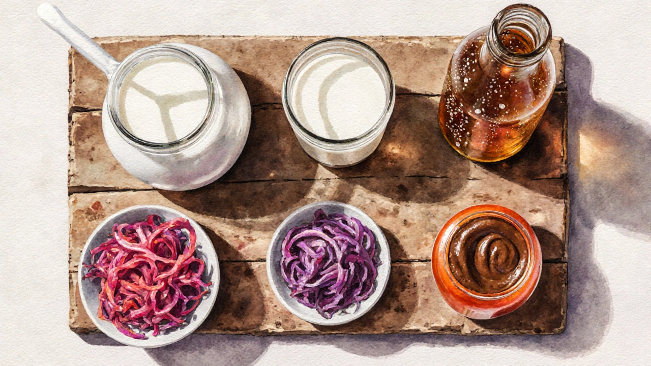 Rozložení různých probiotických potravin – kefír, jogurt, kysané zelí, kimchi, miso a kombucha – v teplém stylu akvarelu.