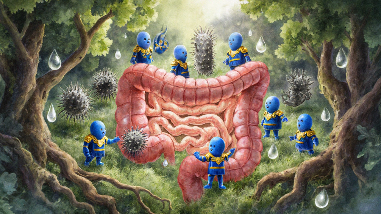 Schematický obraz střev jako zahrady, kde laktobacily chrání tělo před škodlivými mikroby.