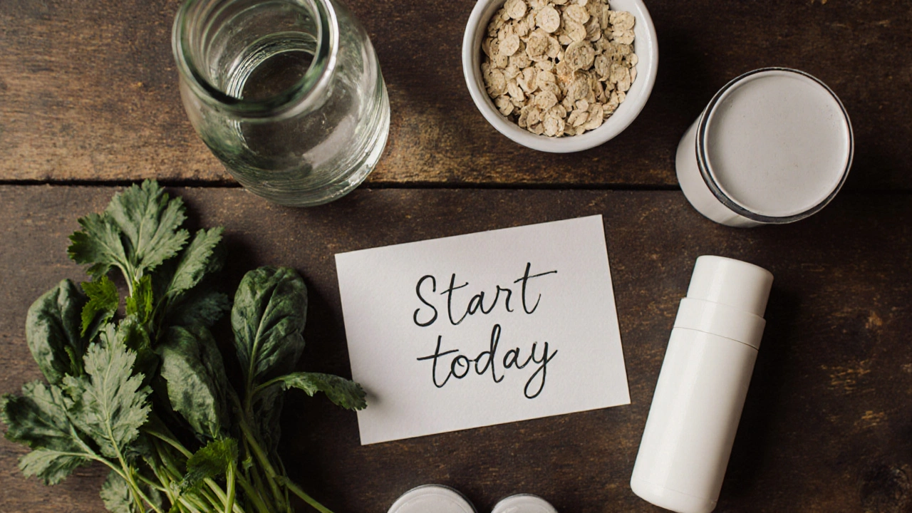 Sedmidenní plán detoxikace na dřevěné tabuli: voda, cilantro, špenát, deodorant bez hliníku a ovesné vločky.