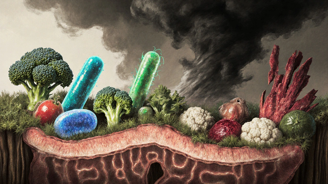 Vnitřní střevo jako živý ekosystém s užitečnými bakteriemi a zeleninou, proti temnému útoku antibiotik.