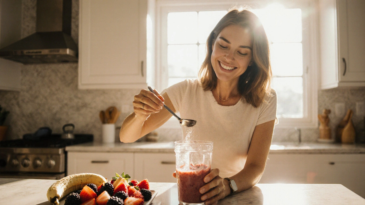 Žena ve věku čtyřiceti let míchá hydrolyzovaný kolagen do smoothie a usmívá se.