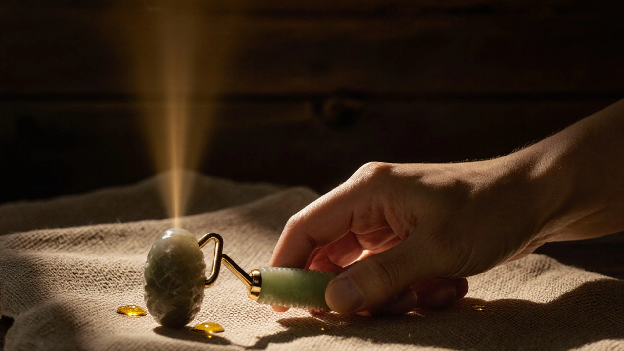 Chladící kámen z jadu leží na lněné tkanině, kolem něj kapky olejů a jemné záře symbolizující krevní oběh.