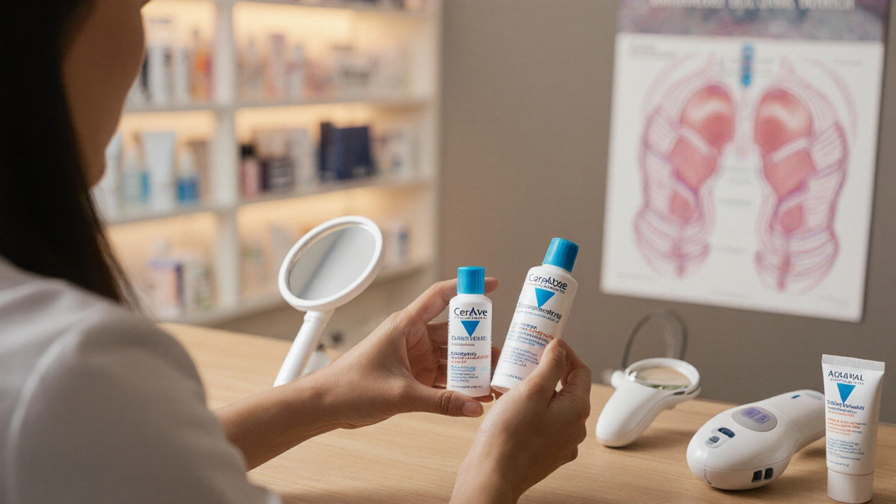 Dermatolog v české lékárně podává pacientovi vzorky dermokosmetiky