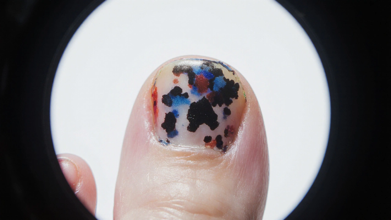 Dermatoskopický pohled na nehtový melanom s nepravidelnými odstíny a šířením do kůže.
