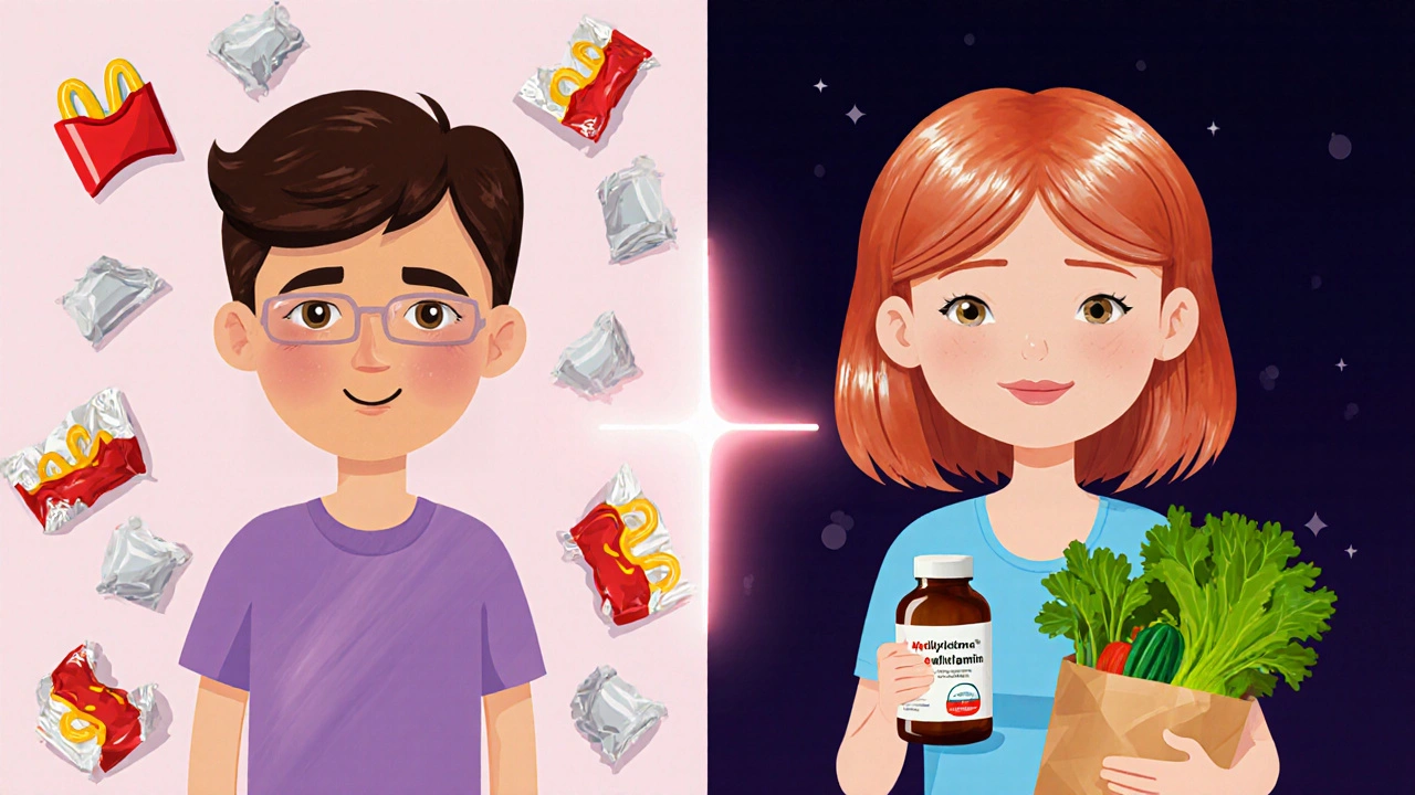 Dvě verze téže osoby: jedna unavená, druhá energická po užívání multivitamínu.