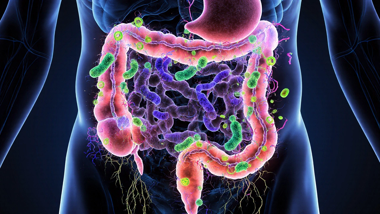 Ilustrace střevní mikroflóry s užitečnými bakteriemi obnovujícími rovnováhu.