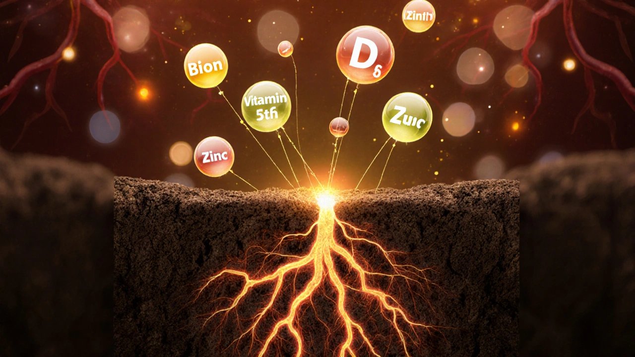 Ilustrace vlasového folikulu s živinami jako svítícími koulemi a kořenovým systémem pod kůží.