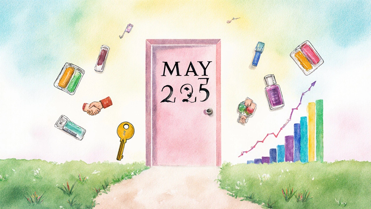 Klíč odírá dveře s nápisem Mary Kay 2025, za nimiž se rozprostírá světlá cesta s vzorky a rukama.