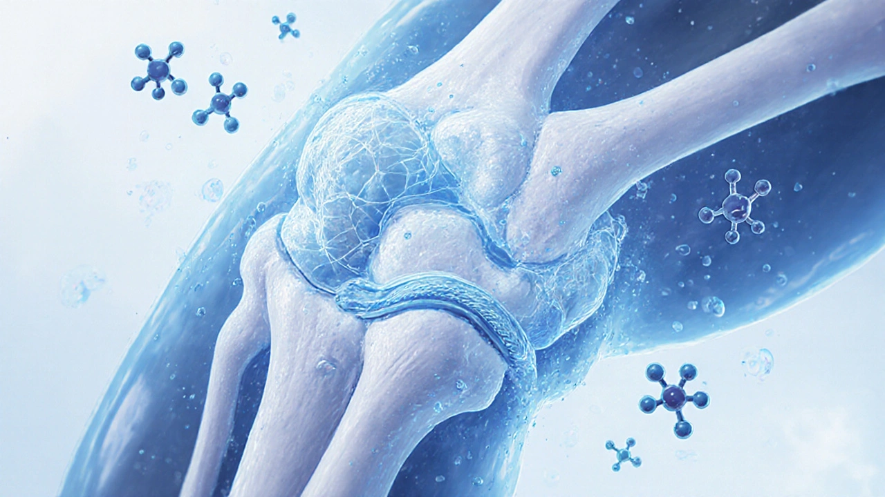 Kloub chráněný síťou kolagenových vláken, symbolizující podporu chrupavky.