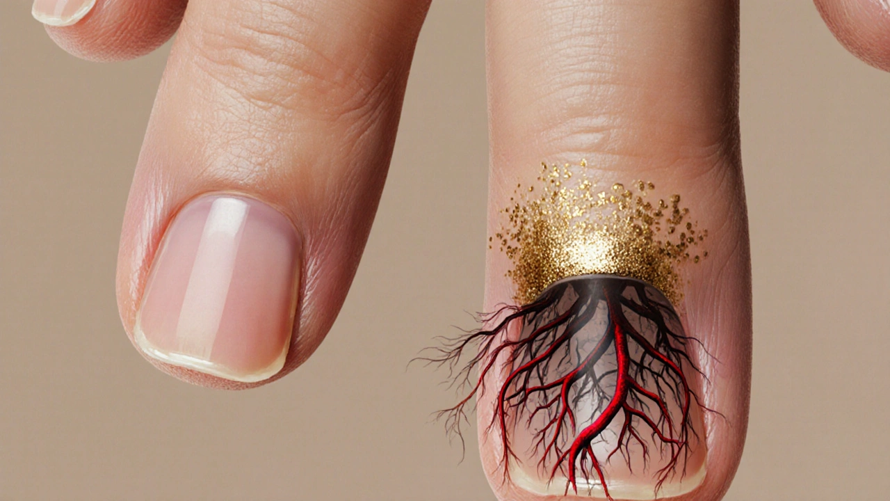 Kontrast mezi zdravým a postiženým nehtem s kmeny rakovinných buněk se šířícími pod kůží.