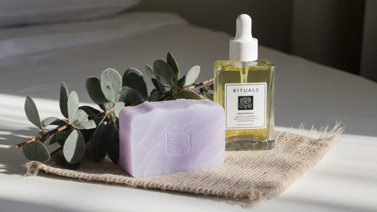 Kosmetika Rituals Wellness Rituals uspořádaná jako rituální altář s olejem, mýdlem a větvičkami.