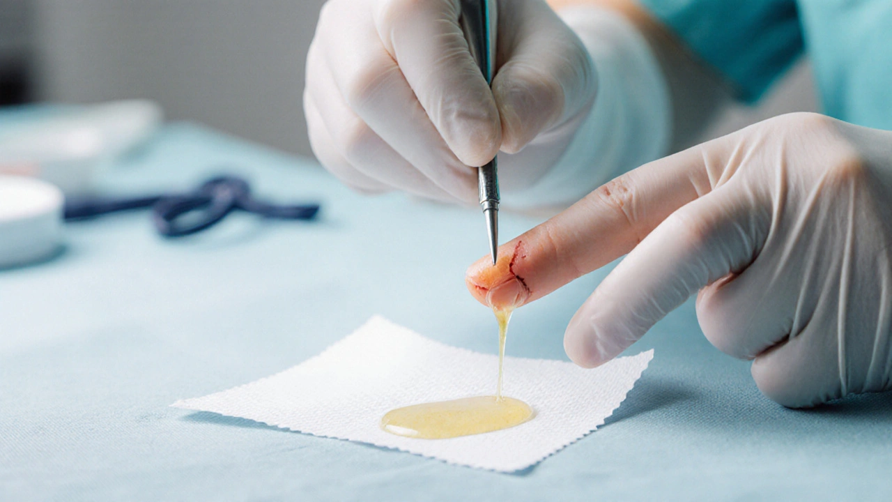 Lékař provede malý řez na prstu pro vypuštění hnisu, viditelná tekutina na gázi, sterilní prostředí.