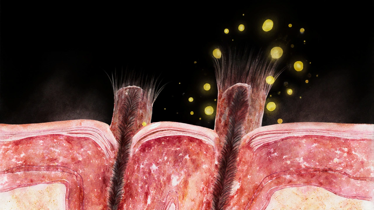 Mikroskopický pohled na zánětlivé vlasové folikuly s blokovanými vlasy a bakteriemi pod kůží.