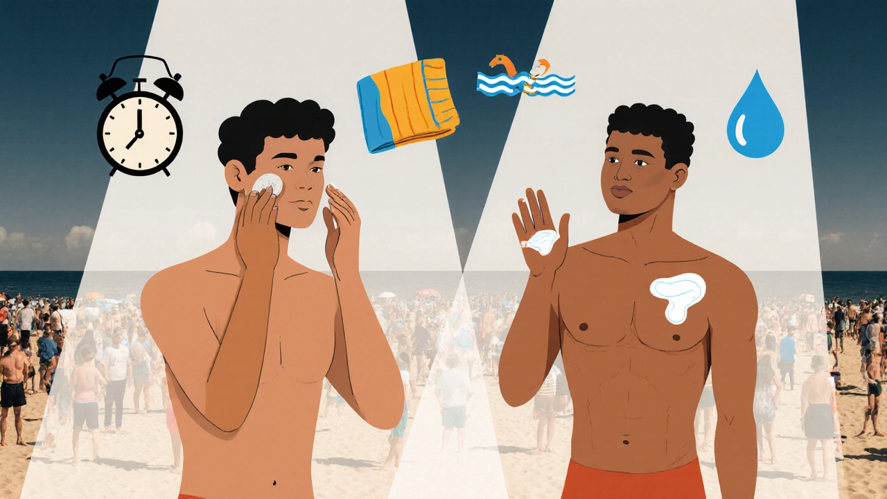 Muž aplikuje sluneční krém jen na obličej malým množstvím, vedle něj žena používá dostatečné množství.