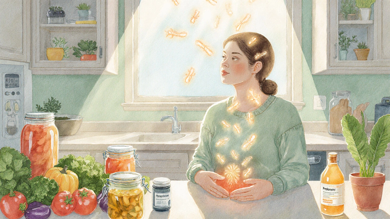 Osoba v kuchyni s fermentovanými potravinami a světly laktobacilů v těle.