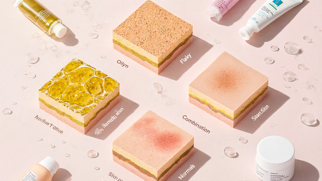 Pět typů pleti s charakteristickými texturami: mastná, suchá, citlivá, kombinovaná a normální.