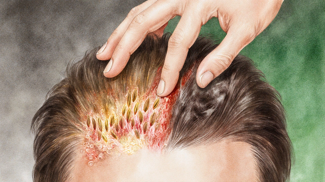 Pohled na kůži hlavy s aktivními a neaktivními vlasovými folikuly, ruce provádějí massáž.