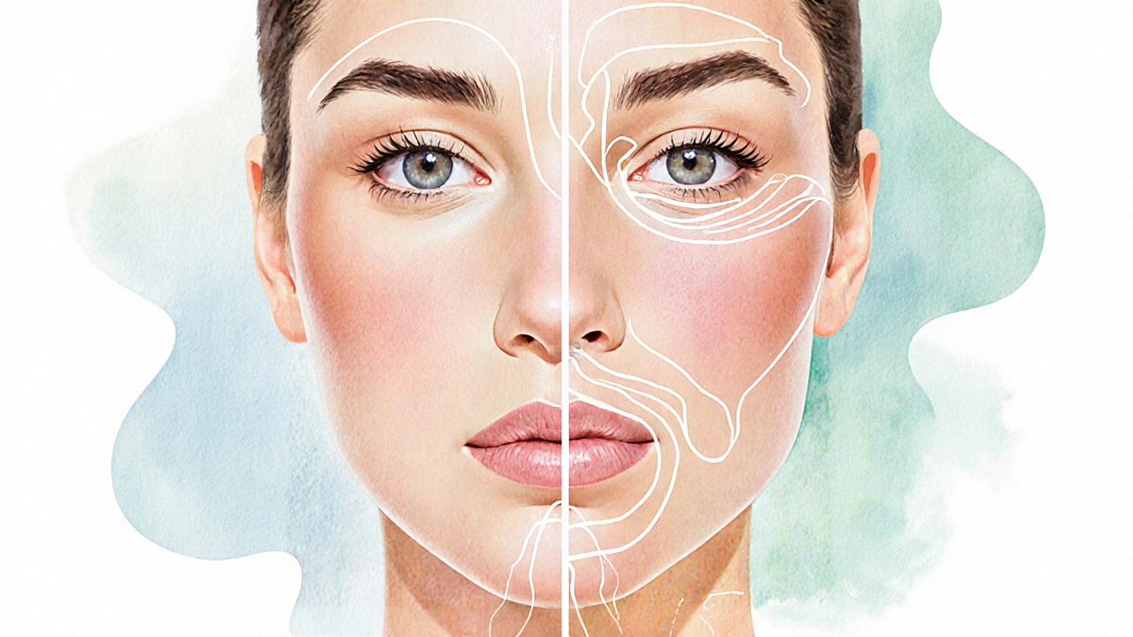 Porovnání obličeje před a po masáži: jedna strana s otoky, druhá s jasným obrysem a zářivou pleťí.