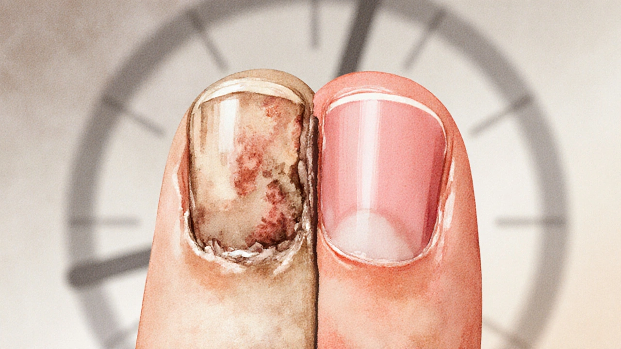 Postupné hojení nehtového lůžka: poškozená část a nově růstoucí zdravý neht vedle sebe, vodová barva.