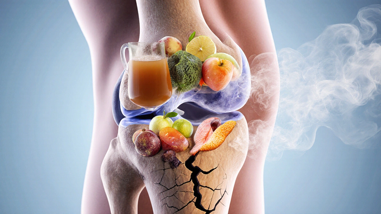 Přehledový pohled na kloubní chrupavku napájenou živinami z potravin, zatímco škodlivé látky odcházejí.