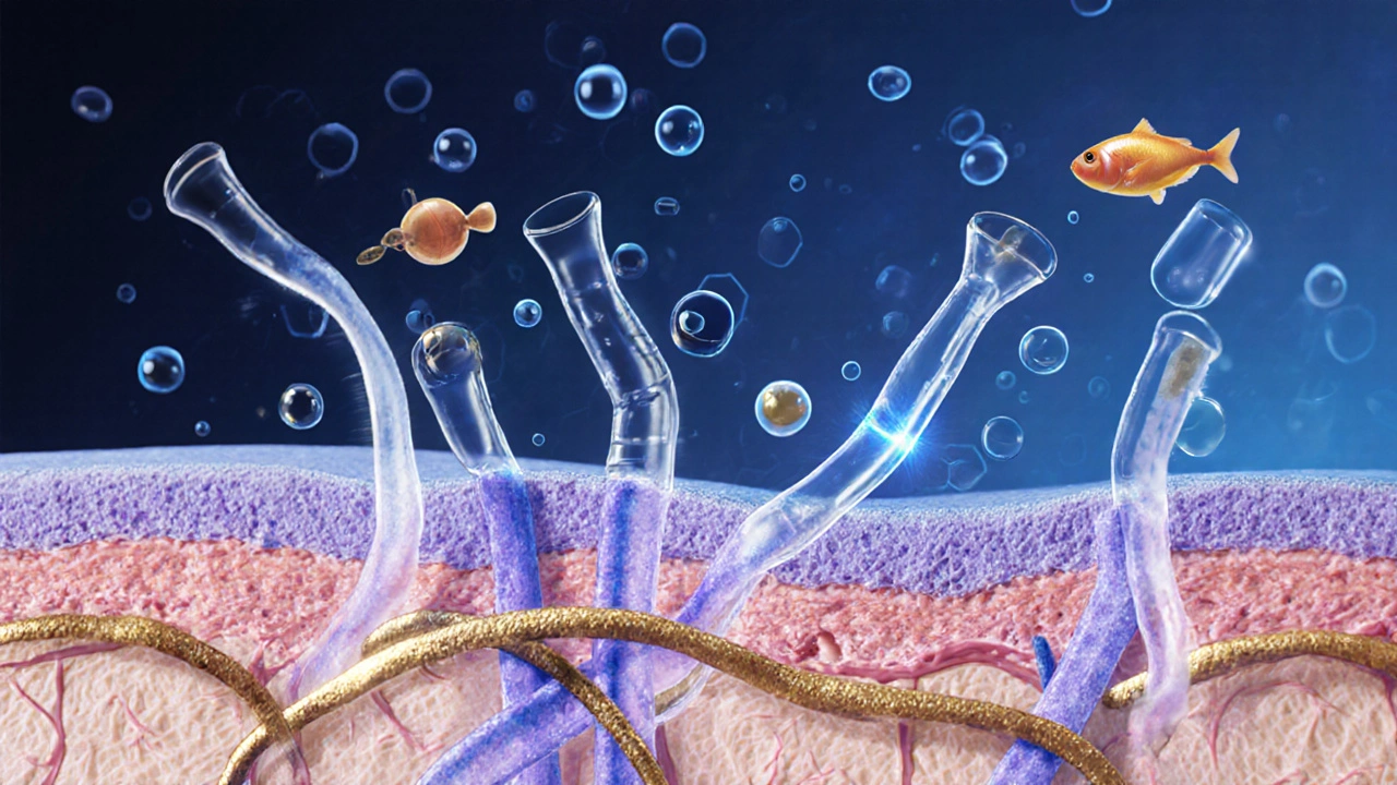 Příčný řez kůže s kolagenovými vlákny a živinami, které je budují.