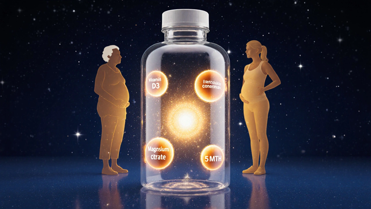 Průhledný multivitamín s viditelnými vitamíny a různými lidmi v pozadí.