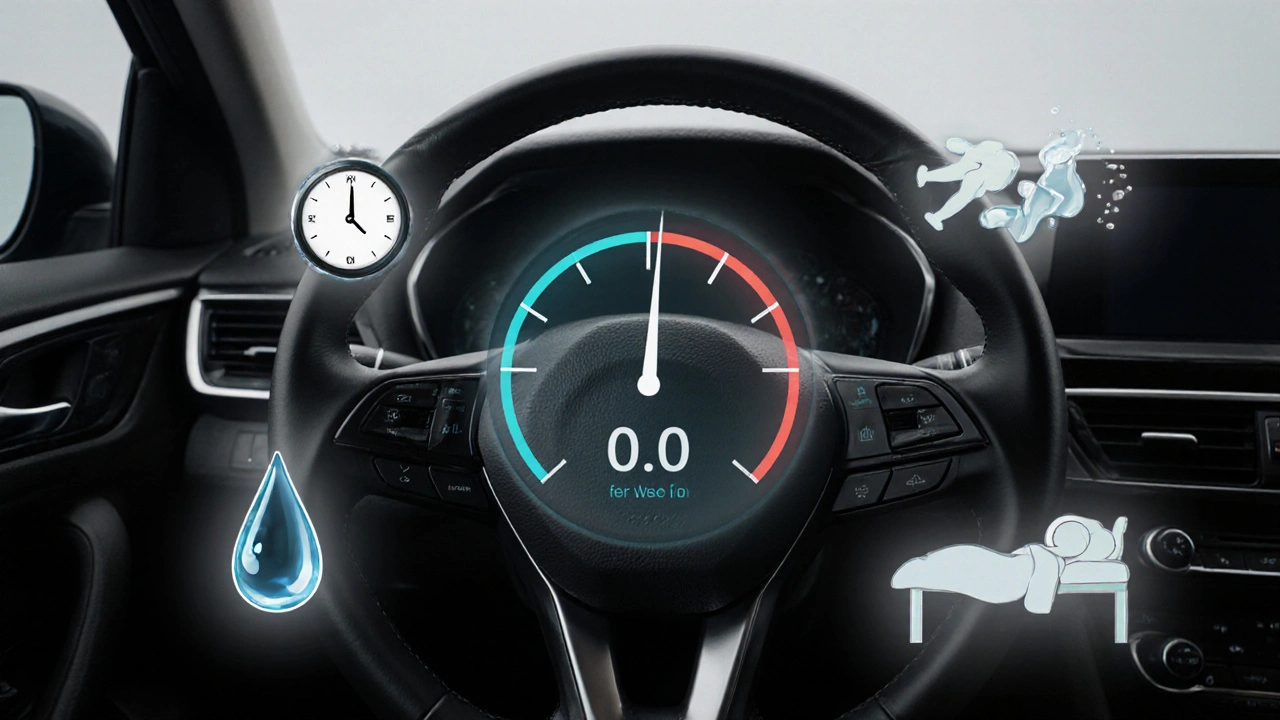 Řídicí kolo auta s přehledem detoxikace: hodiny, voda, spánek a rozbitá láhev bez textu.