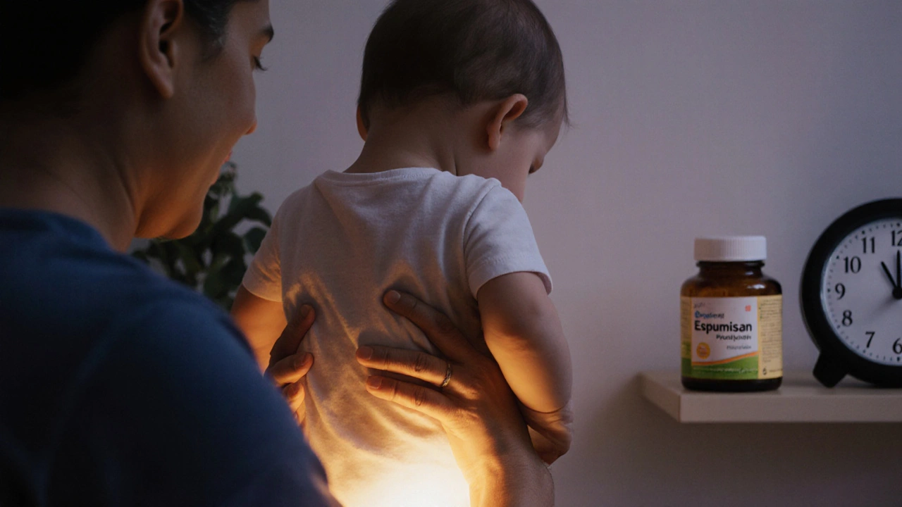 Rodič drží novorozence vzpřímeně a pohladuje ho po zádech, zlatý záblesk symbolizuje uvolnění plynu.