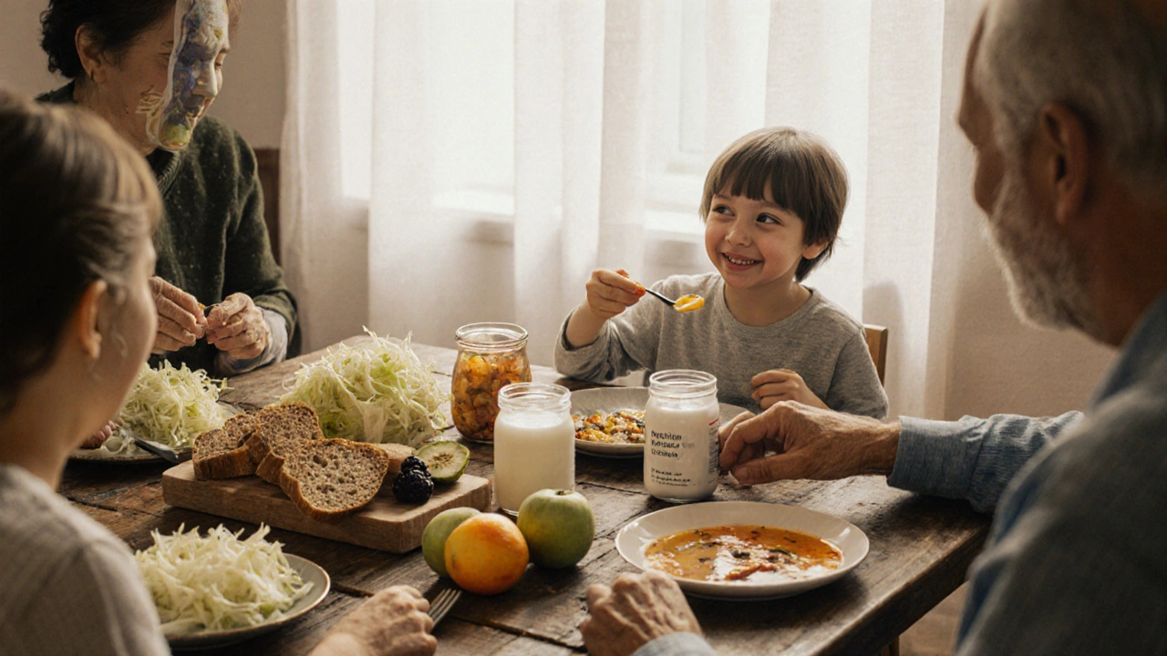Rodina společně jí s fermenteovanými potravinami jako kefírem a kvaseným zelím.