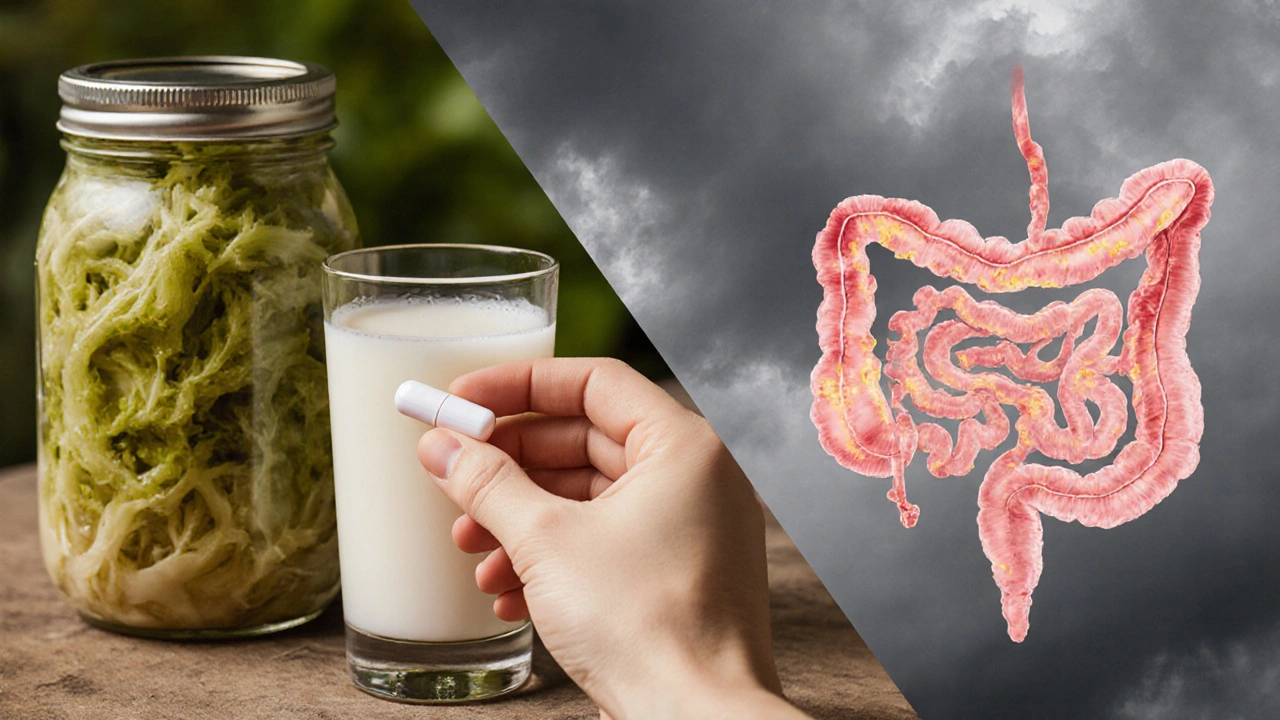 Ruka drží probiotikum vedle kysaného zelí a kefíru, pozadí ukazuje zdravé a zánětlivé střevo.