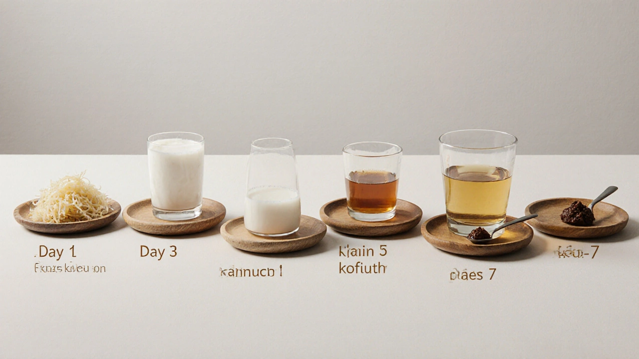 Sedm denních kroků k příjmu laktobacilů na malých dřevěných talířích.