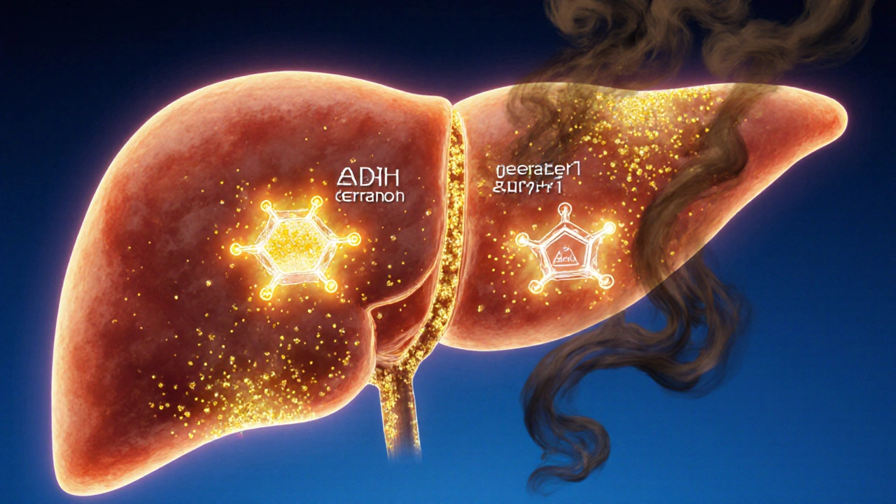 Stylizovaný obraz játry s molekulárními enzymy rozkládajícími alkohol na toxiny a bezpečné látky.