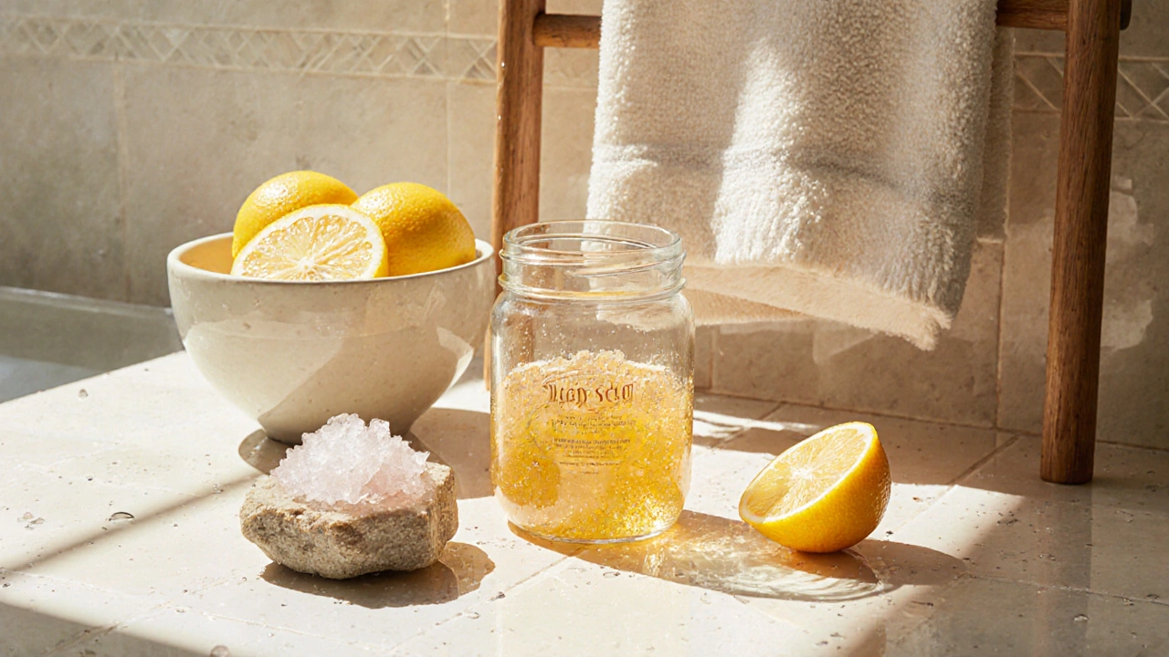 Svěží rituál Endless Summer s citrusovým peelingem, citróny a slunečním světlem v koupelně.
