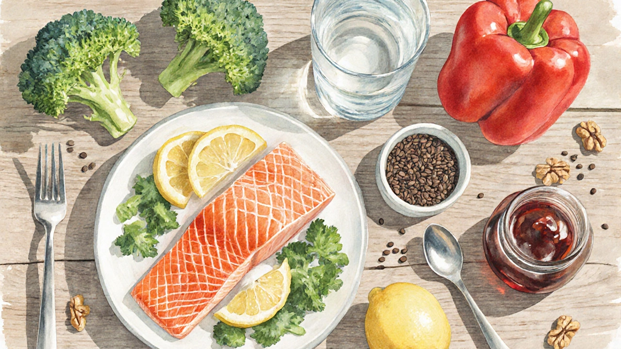 Týdenní strava pro zdravé klouby: losos, brokolice, ořechy, lněná semínka a červená paprika na dřevěném stole.