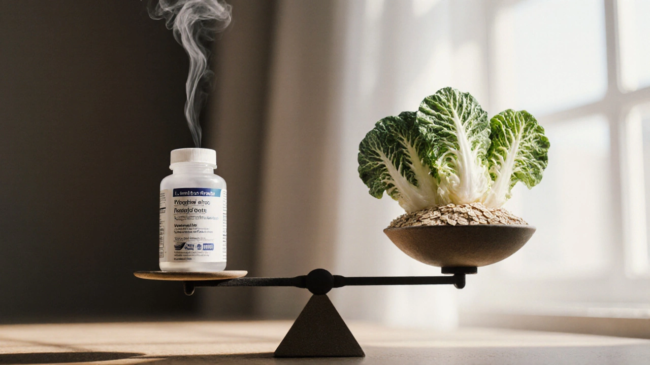 Váha s antibiotiky a probiotiky na jedné straně a kvasenou kapustou na druhé.