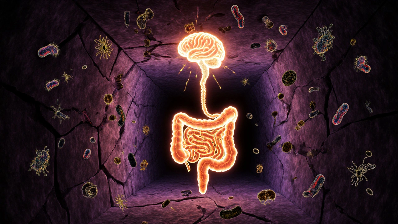 Vizualizace střeva s poškozenou stěnou, kterou opravují světlé bakterie laktobacily a zlaté vlákna hlenu.